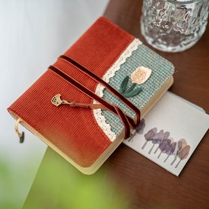 Peut inclure: Un journal fait à la main avec une couverture en velours côtelé rouille et une section à motifs bleu sarcelle et blanc. Le journal est sécurisé par un ruban de velours rouge foncé et présente une application de tulipe décorative. Une petite carte avec des illustrations d'arbres est posée à côté.