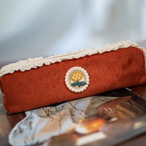 Caramel Color Embroidery Flower Pencil Case Original Lace Zipper Pen Pouch Retro Fabric Makeup Storage Bag Students' Stationery Sister Gift