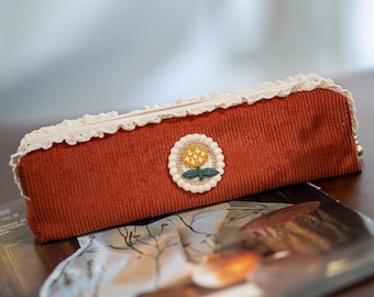 Caramel Color Embroidery Flower Pencil Case Original Lace Zipper Pen Pouch Retro Fabric Makeup Storage Bag Students' Stationery Sister Gift