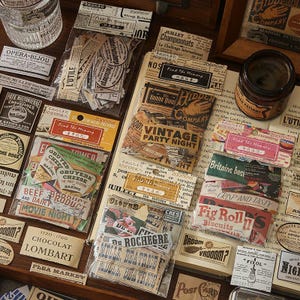 Op de afbeelding: Een verzameling van vintage-stijl papieren ephemera-pakketten met diverse labels, advertenties en kaartjes met retro typografie en illustraties. De sets bevatten verschillende rechthoekige en ovale stukjes papier met verouderde texturen.
