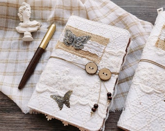 Retro Butterfly Lace Loose-leaf Journal A6 A5 Original White Lace Notebook Cover Handmade Refillable Fabric Notepad Card Booklet Girl's gift