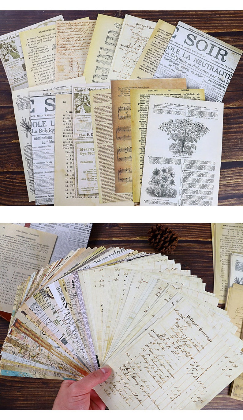 May include: A collection of vintage paper ephemera, including newspaper clippings, sheet music, and handwritten notes. The papers are in various shades of yellowed cream and brown, with some having faded ink. The papers are arranged in a fan shape, with the edges of the papers overlapping.