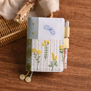 Embroidered Yellow Flower Stitch Fabric Journal Handmade Personalized Notebook with Leather Interior A5 A6 Blank Grid Lined White Pages 176P
