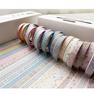 May include: A collection of 15 washi tapes with various patterns, including stripes, polka dots, and floral designs. The tapes are in pastel colors, such as pink, blue, and yellow. The tapes are arranged in a row, with the ends of the tapes overlapping.