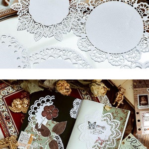May include: White paper doilies with intricate lace designs, perfect for adding a touch of elegance to crafts, scrapbooking, or home decor. The doilies are arranged on a white surface and feature various patterns, including floral and geometric designs.