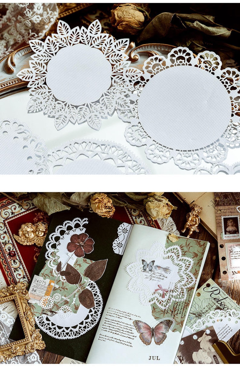 May include: White paper doilies with intricate lace designs, perfect for adding a touch of elegance to crafts, scrapbooking, or home decor. The doilies are arranged on a white surface and feature various patterns, including floral and geometric designs.