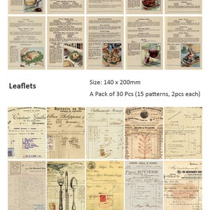 May include: A set of 30 vintage-style printable paper ephemera, including leaflets and daily checklists. The leaflets feature handwritten text and illustrations, while the checklists have a grid pattern and blank lines for writing. The paper is a light cream color with a slightly textured surface.