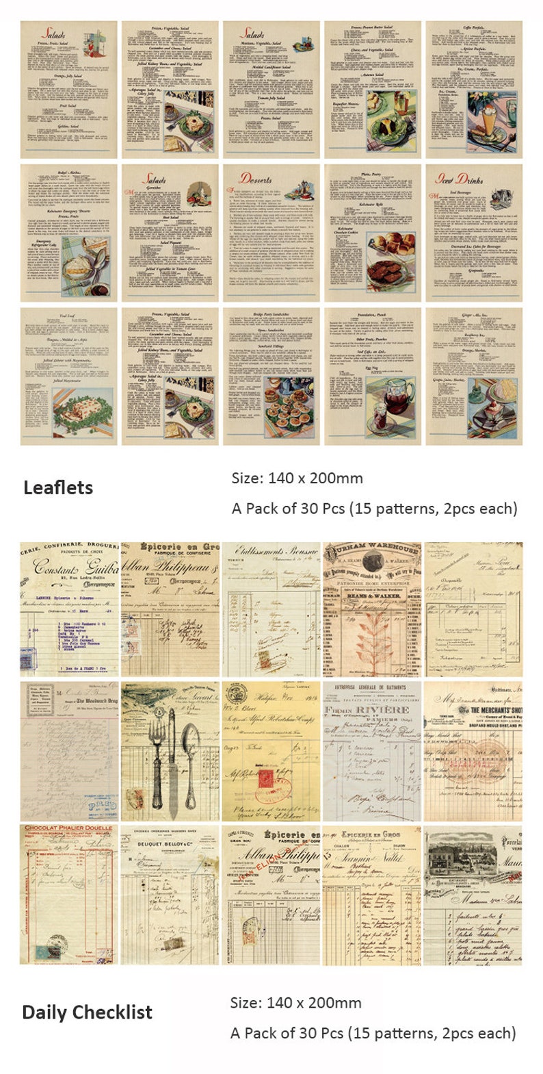 May include: A set of 30 vintage-style printable paper ephemera, including leaflets and daily checklists. The leaflets feature handwritten text and illustrations, while the checklists have a grid pattern and blank lines for writing. The paper is a light cream color with a slightly textured surface.