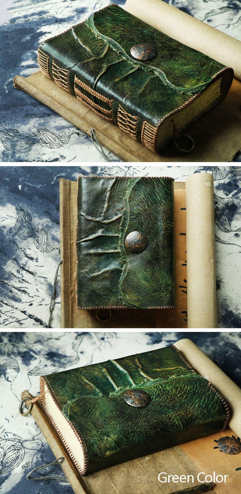 Op de afbeelding: Een groen lederen gebonden dagboek met een decoratieve metalen sluiting en stiksels. Het dagboek heeft een verweerde, oude uitstraling en is gesloten.