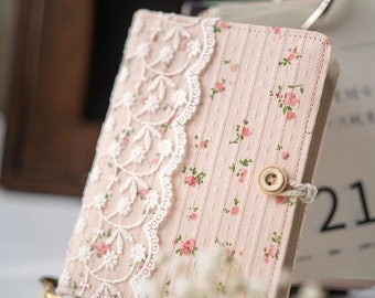 Cuaderno de encaje de flores rosas Diario de tela original A5 A6 Cuaderno floral hecho a mano Cuaderno en blanco forrado Lindo regalo lácteo de viaje para ella