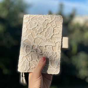 Rose Lace Journal Vintage White Lace Fabric Notebook Cover Handmade Lace Romantic Junk Journal Diary Planner Soft Cover Art Journal Gift