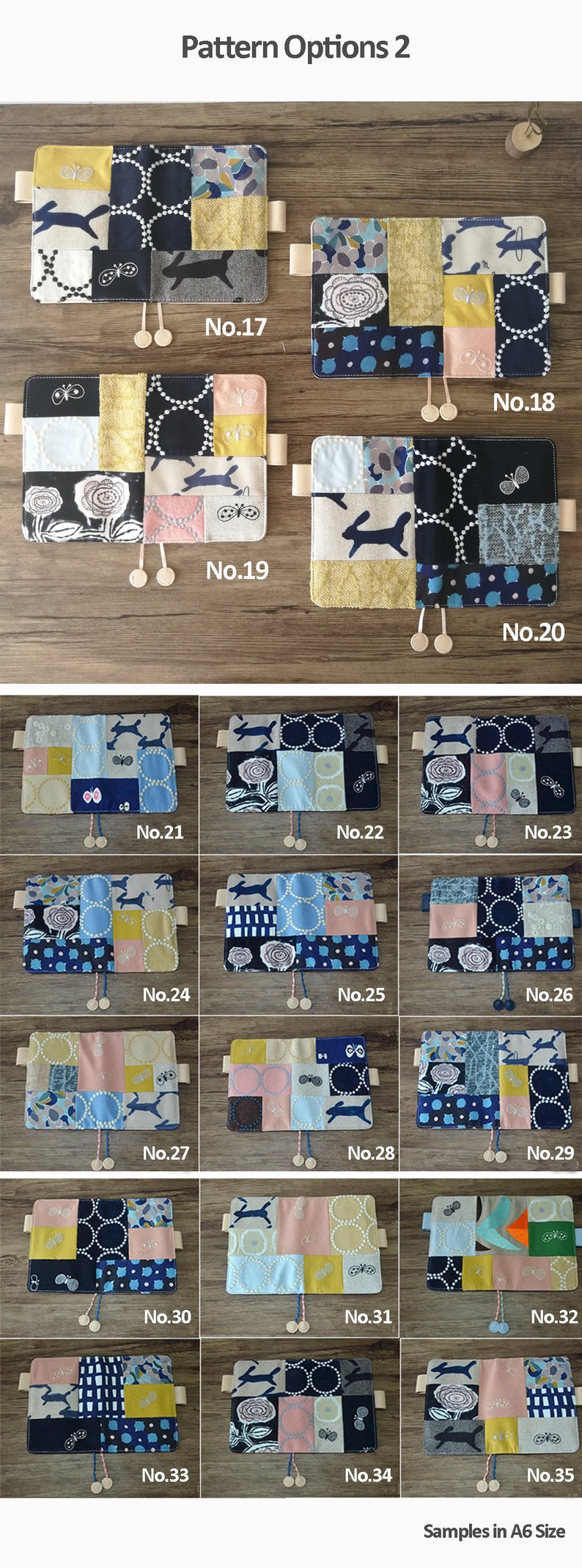 Puede incluir: Una colecci&oacute;n de 15 dise&ntilde;os de tela diferentes para cubiertas de cuaderno de tama&ntilde;o A6. Las cubiertas est&aacute;n hechas de tela de patchwork con varios patrones, incluyendo estampados florales, geom&eacute;tricos y de animales. Las cubiertas est&aacute;n numeradas del 17 al 35.