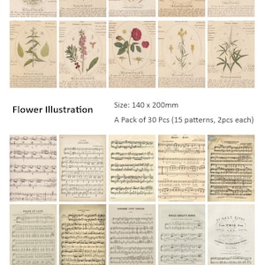 May include: A set of 30 vintage-style printable paper sheets featuring botanical illustrations of flowers and musical sheet music. The illustrations are in black and white and the musical sheets are in black ink on a cream background. The sheets are 140 mm by 200 mm.