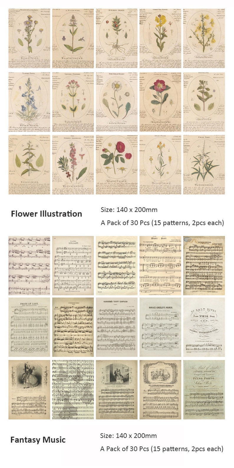 May include: A set of 30 vintage-style printable paper sheets featuring botanical illustrations of flowers and musical sheet music. The illustrations are in black and white and the musical sheets are in black ink on a cream background. The sheets are 140 mm by 200 mm.