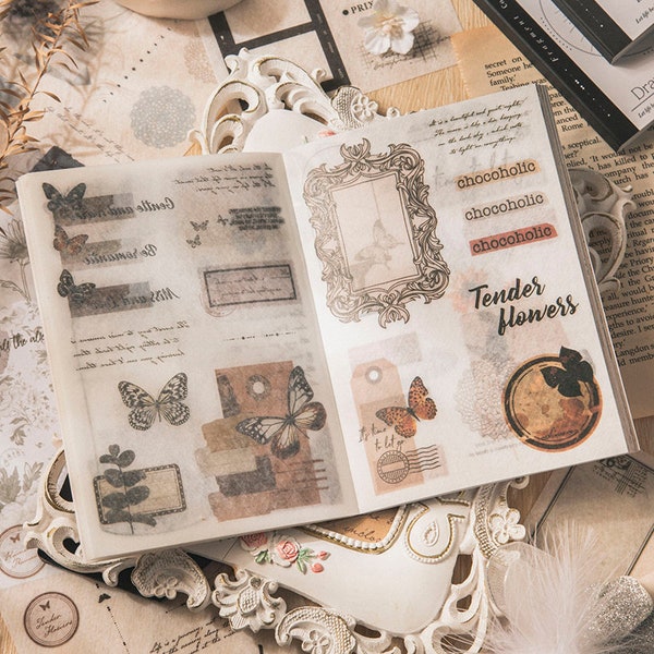 Retro Washi Sticker Buch Ephemera Journaling Papier Fragment Sammler Material Pack Schmetterling Pflanze Film Hintergrundpapier Dekorativer Aufkleber