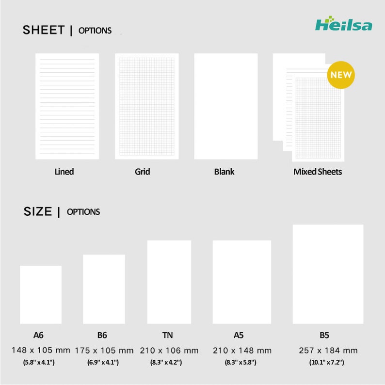 May include: A chart showing different paper sheet sizes and styles for notebooks. The sizes are A6, B6, TN, A5, and B5. The styles are lined, grid, blank, and mixed sheets.