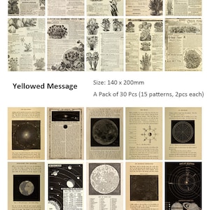 May include: A set of 30 vintage botanical and celestial illustrations, printed on aged paper. The images include flowers, plants, and planets. The illustrations are 140mm x 200mm and come in a pack of 30 pieces, with 15 different patterns, two of each.