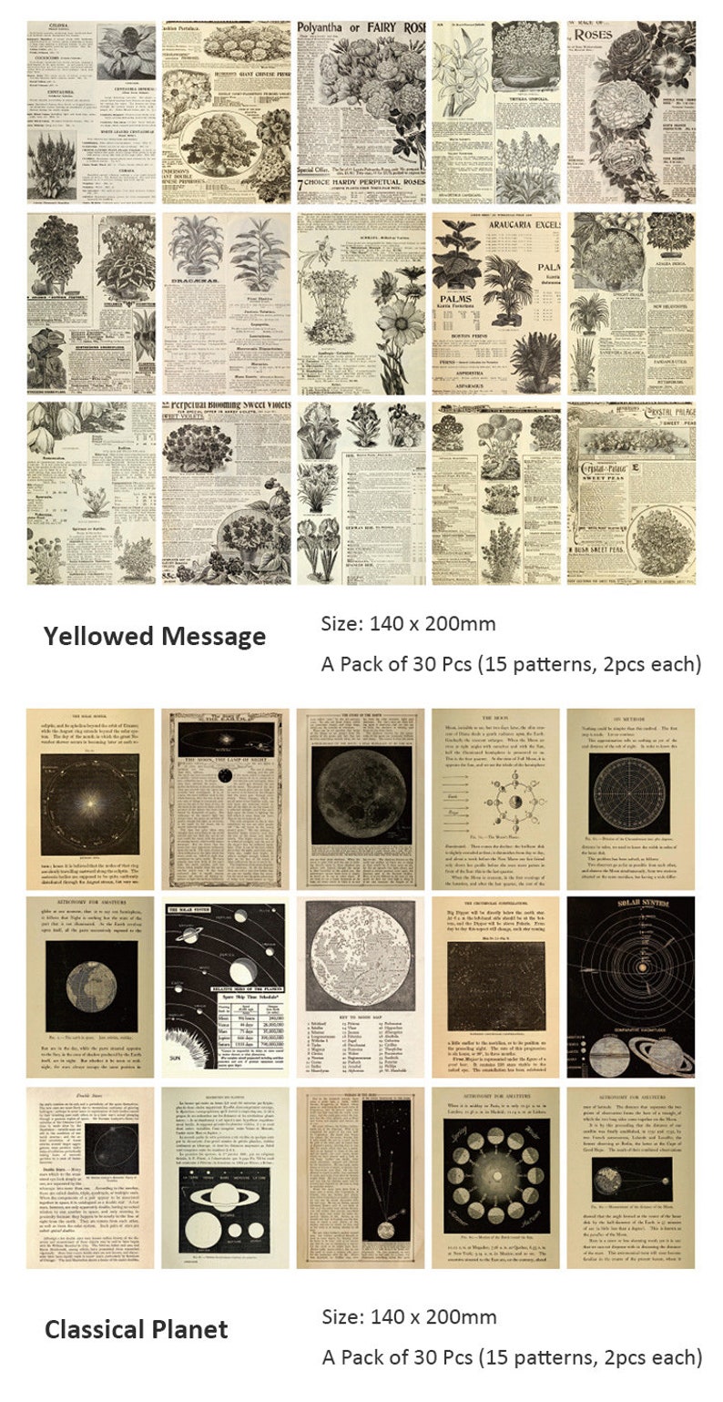 May include: A set of 30 vintage botanical and celestial illustrations, printed on aged paper. The images include flowers, plants, and planets. The illustrations are 140mm x 200mm and come in a pack of 30 pieces, with 15 different patterns, two of each.