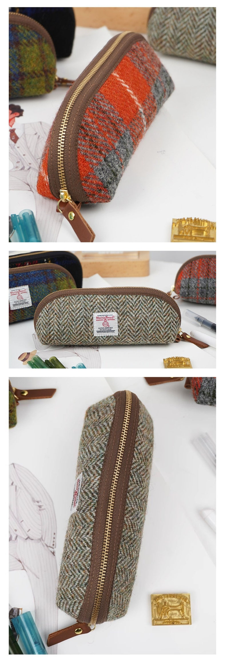 May include: A pencil case made of Harris Tweed wool fabric featuring a brown zipper and a brown leather pull tab. The case has a herringbone pattern in shades of green and gray, with a white rectangular label that reads Harris Tweed.