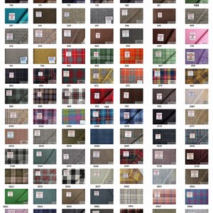 May include: A grid of fabric swatches featuring various patterns and colors, each labeled with a unique identification number. The collection includes plaids, checks, tweeds, and solid colors in diverse textures. Text at the bottom reads: Customized Cover Color. ** Please leave a message for the number of custom color you need.
