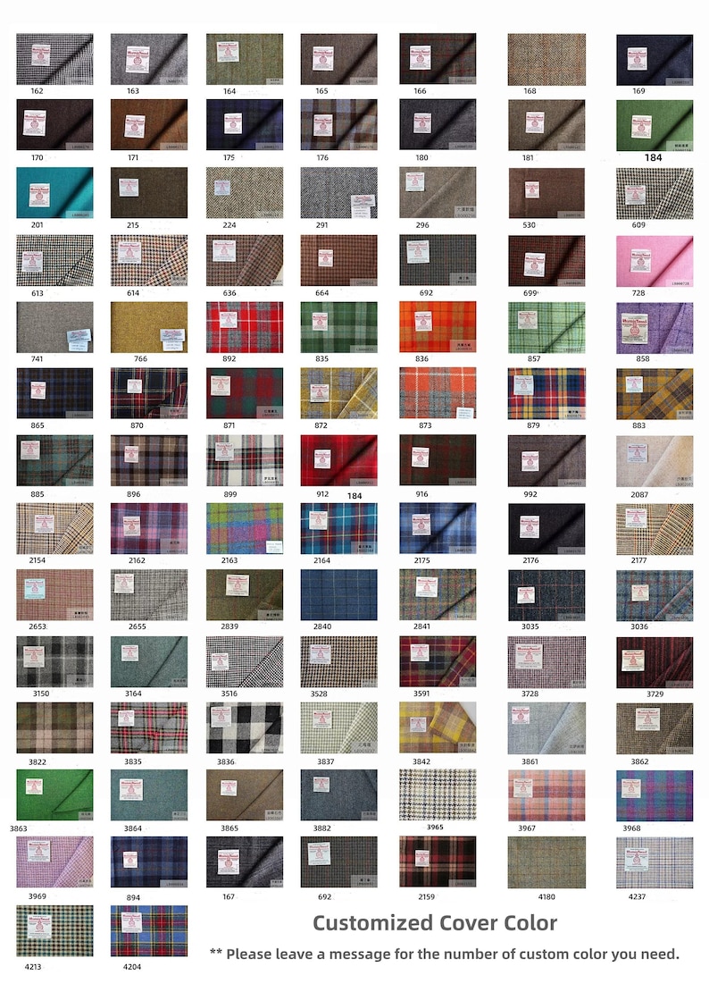 May include: A grid of fabric swatches featuring various patterns and colors, each labeled with a unique identification number. The collection includes plaids, checks, tweeds, and solid colors in diverse textures. Text at the bottom reads: Customized Cover Color. ** Please leave a message for the number of custom color you need.