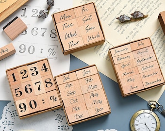 Retro Wood Rubber Stamp Set. Number Stamps, Week Stamps, Month Stamps, Date Wedding Stamps, Scrapbook Journal Planner Diary Bujo Decor Stamp