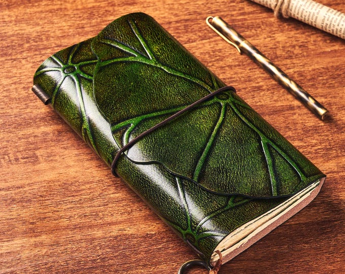 Lotus Leaf Travelers Notebook Handmade. Vintage Leather Cover Junk Journal Notebook Refillable. Sketchbook Diary with Blank Lined Pages 216P