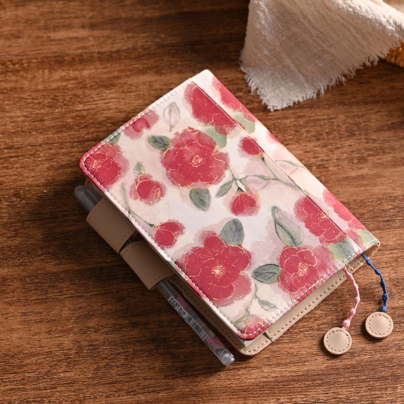 Retro Rose Handmade Notebook Journal Cover A6 A5 B6 Weeks Book Planner Cover Leather Interior for Hobonichi Midori with Pen Loop & Pockets image 3