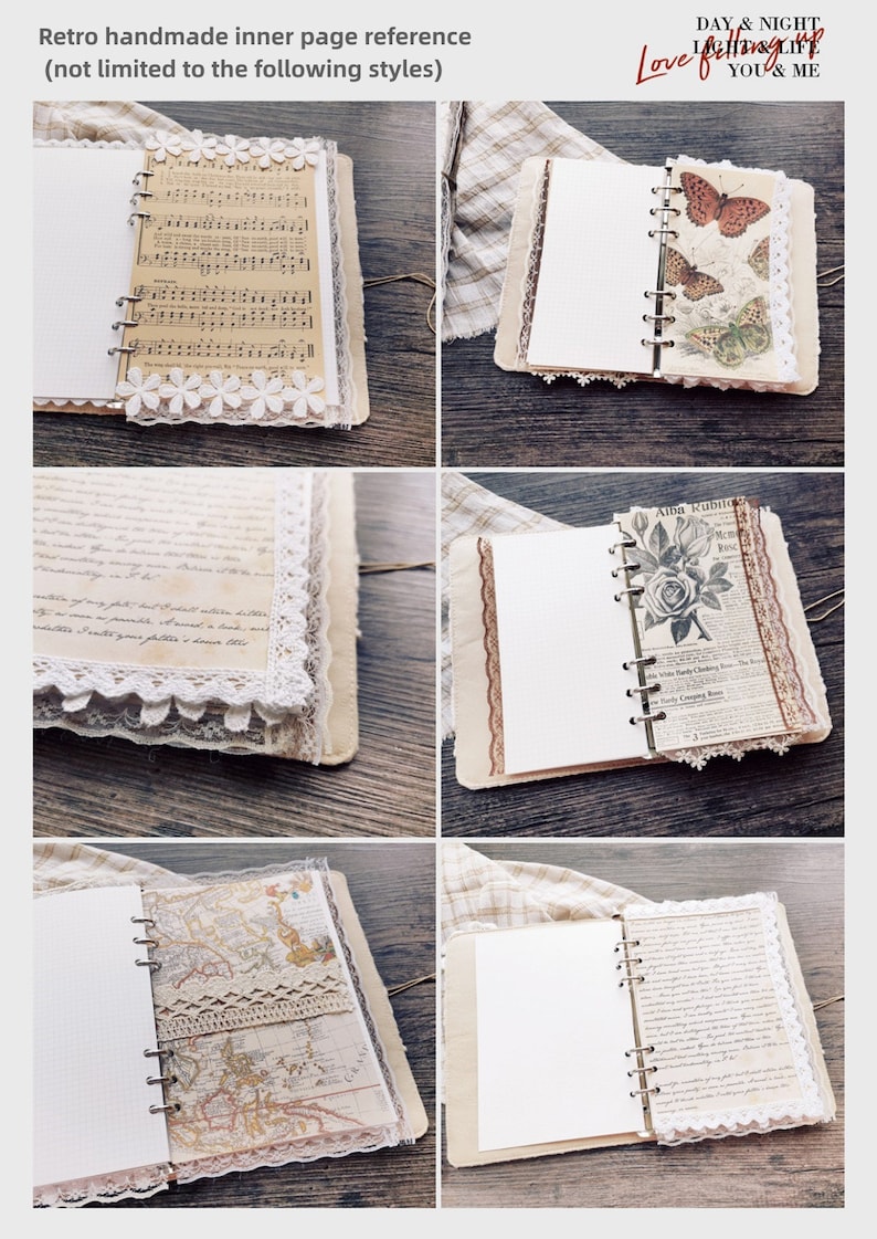 May include: A collection of six different pages from a handmade journal. Each page features a different design, including music notes, butterflies, flowers, and maps. The pages are decorated with lace and ribbon.