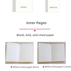 May include: Notebooks with thread-bound inner cores are shown. The notebooks are available in A5 and A6 sizes, with dimensions of 21cm x 14cm and 14cm x 10.5cm. The inner pages come in blank, grid, and lined styles. The paper is 120gsm eye protection paper.