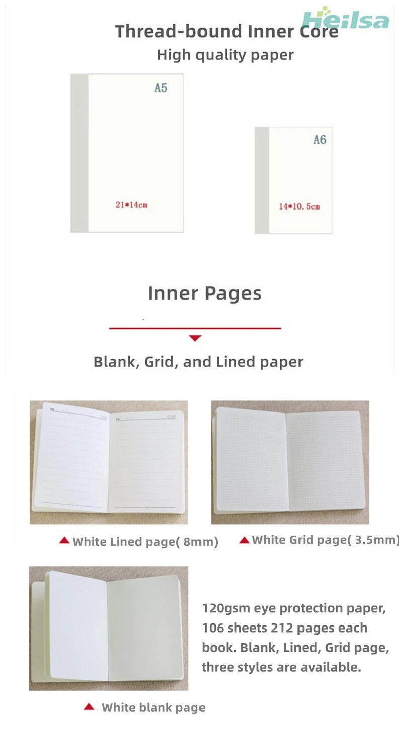 May include: Notebooks with thread-bound inner cores are shown. The notebooks are available in A5 and A6 sizes, with dimensions of 21cm x 14cm and 14cm x 10.5cm. The inner pages come in blank, grid, and lined styles. The paper is 120gsm eye protection paper.