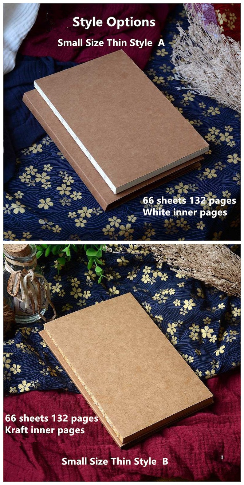 May include: Two brown notebooks with 66 sheets and 132 pages. The top notebook has white inner pages and the bottom notebook has kraft inner pages. Both notebooks are labeled "Small Size Thin Style" with either "A" or "B".