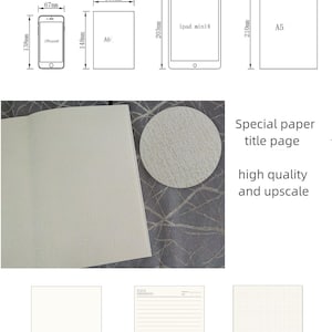 May include: Diagram showing different notebook sizes with measurements in millimeters. The sizes include A5, A6, and an iPad mini 4. The text "Notebook Size" and "Heilsa" are at the top of the image. The image also shows different paper types: light paper, lined paper, and grid paper.