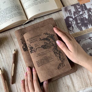 May include: Two brown leather journals with the text "A Midsummer Night's Dream" and illustrations. The journals are open, revealing printed text. The background includes an open book, pencils, and vintage photographs.