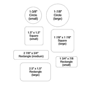 May include: A collection of white labels in various shapes and sizes, including circles, squares, and rectangles. The labels are labeled with their dimensions in inches, such as a 1-3/8" circle and a 1.5" x 1.5" square. The labels are labeled as small, medium, and large.