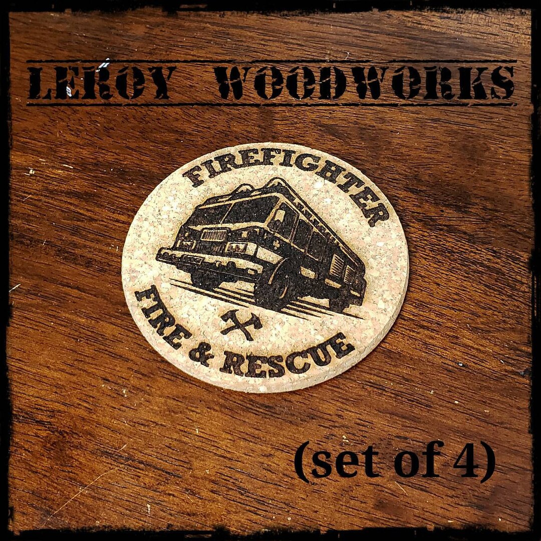Firefighter Cork Coasters, Fire and Rescue, Laser Engraved, Custom, Man ...