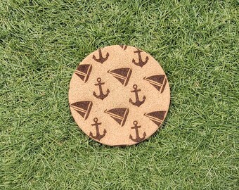 Nautical Sailboat and Anchor Cork Coasters, Laser Engraved, Custom, Man Cave, Personalized, Beer (set of 4)