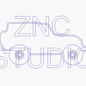 May include: Blue line art logo featuring a stylized off-road vehicle with large wheels. The text "ZNC STUDIO" is incorporated into the design, with the letters overlapping the vehicle's outline. The wheels have a red circle in the center.