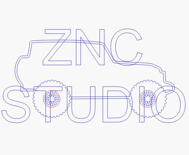May include: Blue line art logo featuring a stylized off-road vehicle with large wheels. The text "ZNC STUDIO" is incorporated into the design, with the letters overlapping the vehicle's outline. The wheels have a red circle in the center.