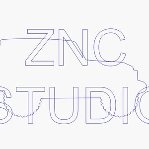May include: A blue line drawing of the words "ZNC STUDIO" with a vehicle outline incorporated into the design. The letters are connected by a continuous line, creating a unique logo.
