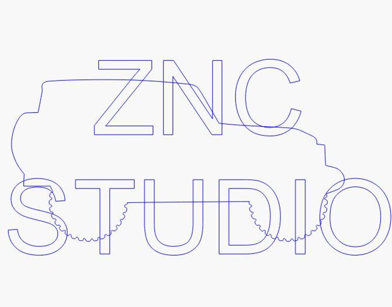 May include: A blue line drawing of the words "ZNC STUDIO" with a vehicle outline incorporated into the design. The letters are connected by a continuous line, creating a unique logo.