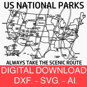 Kaart nationale parken van de Verenigde Staten, tracking reiskaart, afdrukbare kaart staatspark. SVG-bestand. DXF. AI. Digitale download