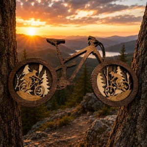 Puede incluir: Una pieza de arte mural de madera cortada con láser en forma de bicicleta de montaña. Las dos ruedas presentan recortes intrincados de un ciclista en un bosque de pinos. El marco de madera marrón oscuro contrasta con los detalles interiores claros.