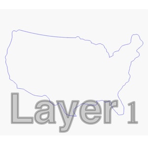 K&ouml;nnte beinhalten: Eine blaue Umrandung der Vereinigten Staaten von Amerika mit dem Wort "Layer 1" in grau darunter.