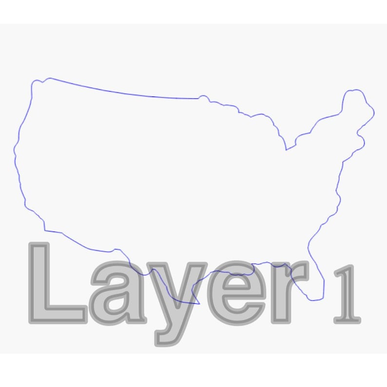 K&ouml;nnte beinhalten: Eine blaue Umrandung der Vereinigten Staaten von Amerika mit dem Wort "Layer 1" in grau darunter.
