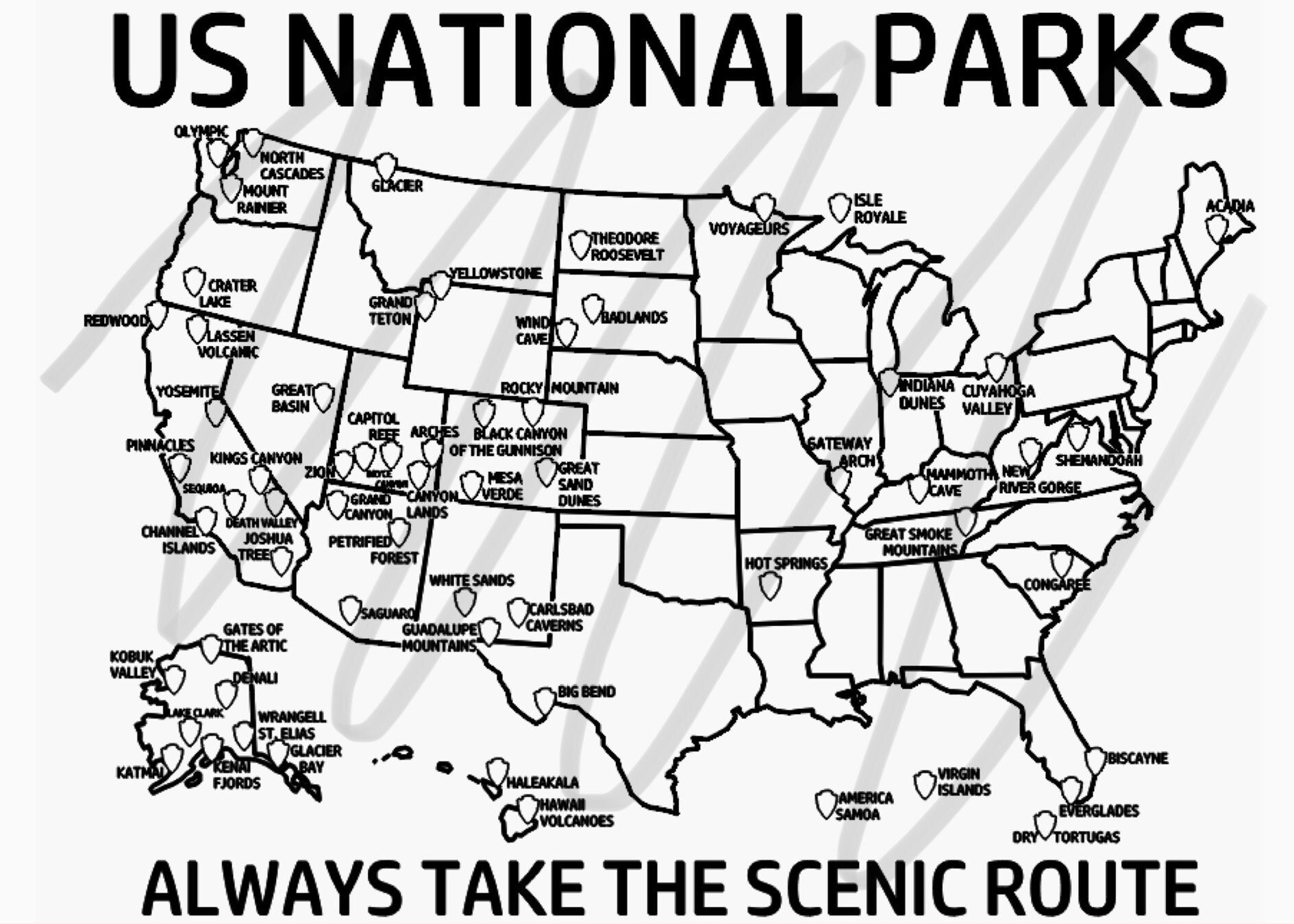 United States National Parks Map, Tracking Travel Map, Printable State