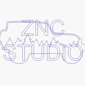 May include: A blue line drawing of a vehicle with the text "ZNC STUDIO" overlaid. The design incorporates a mountain and tree silhouette within the vehicle's outline, creating a nature-inspired logo.