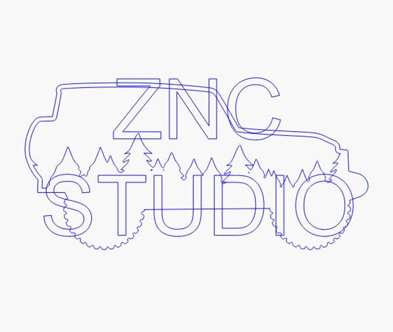 May include: A blue line drawing of a vehicle with the text "ZNC STUDIO" overlaid. The design incorporates a mountain and tree silhouette within the vehicle's outline, creating a nature-inspired logo.