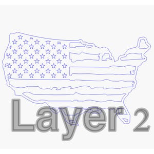 K&ouml;nnte beinhalten: Eine blaue Linienzeichnung der Vereinigten Staaten von Amerika in Form einer Flagge mit Sternen und Streifen. Der Text "Layer 2" befindet sich unter dem Bild.
