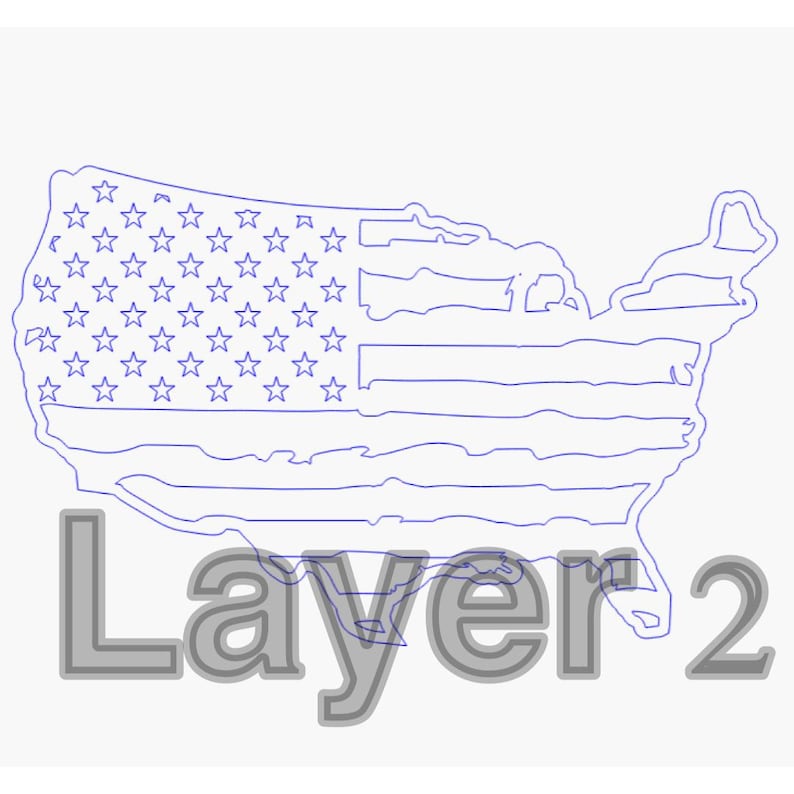 K&ouml;nnte beinhalten: Eine blaue Linienzeichnung der Vereinigten Staaten von Amerika in Form einer Flagge mit Sternen und Streifen. Der Text "Layer 2" befindet sich unter dem Bild.